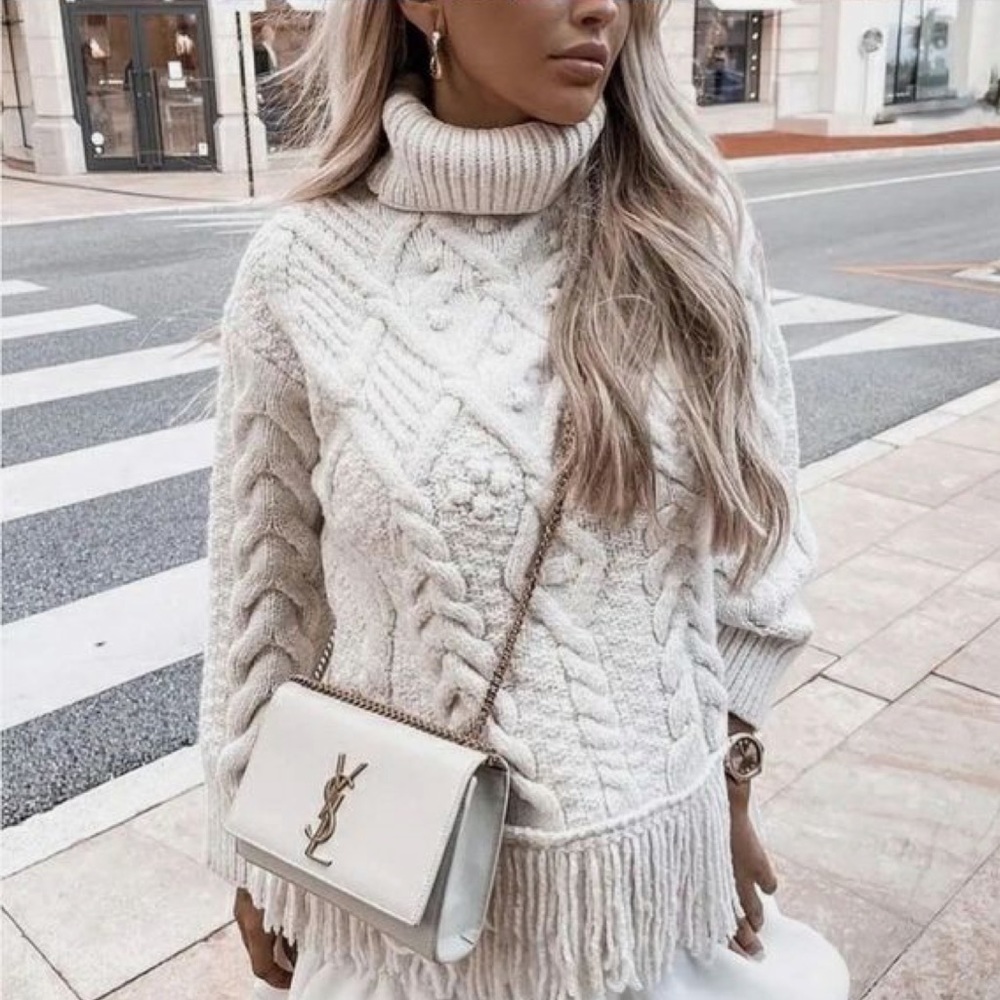 Zara cable knit sweater with fringe